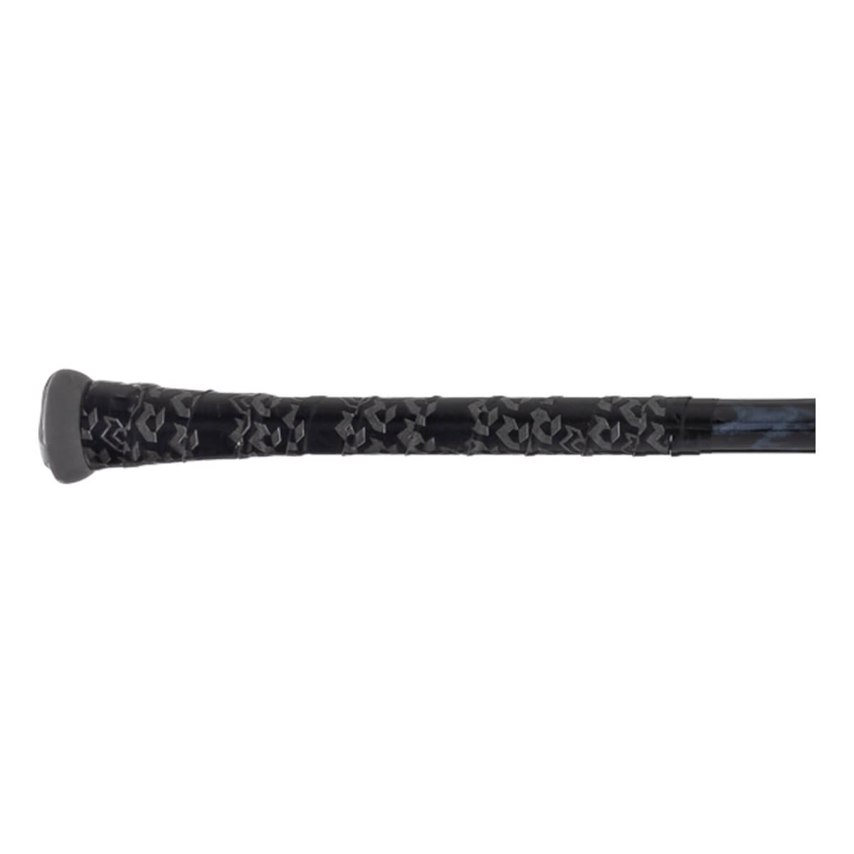 Close-up side view of a black baseball bat handle with a textured patterned grip and a grey knob.