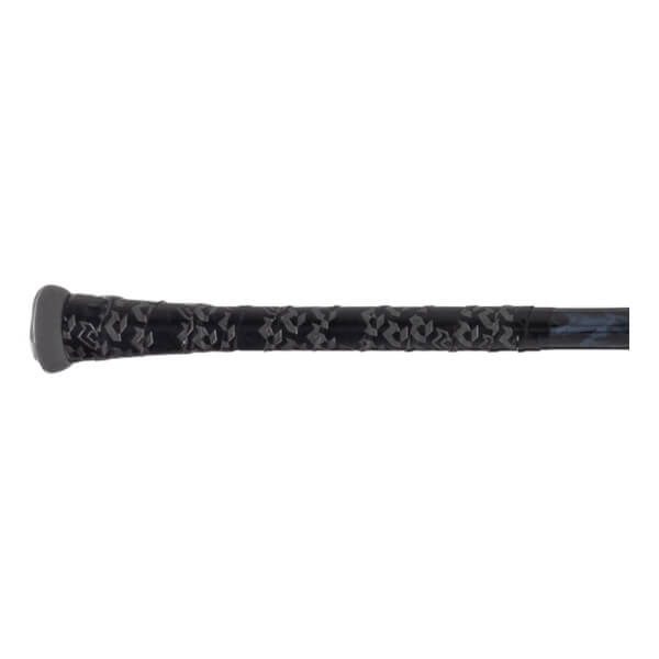 Close-up side view of a black baseball bat handle with a textured patterned grip and a grey knob.