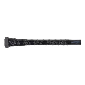 Close-up side view of a black baseball bat handle with a textured patterned grip and a grey knob.