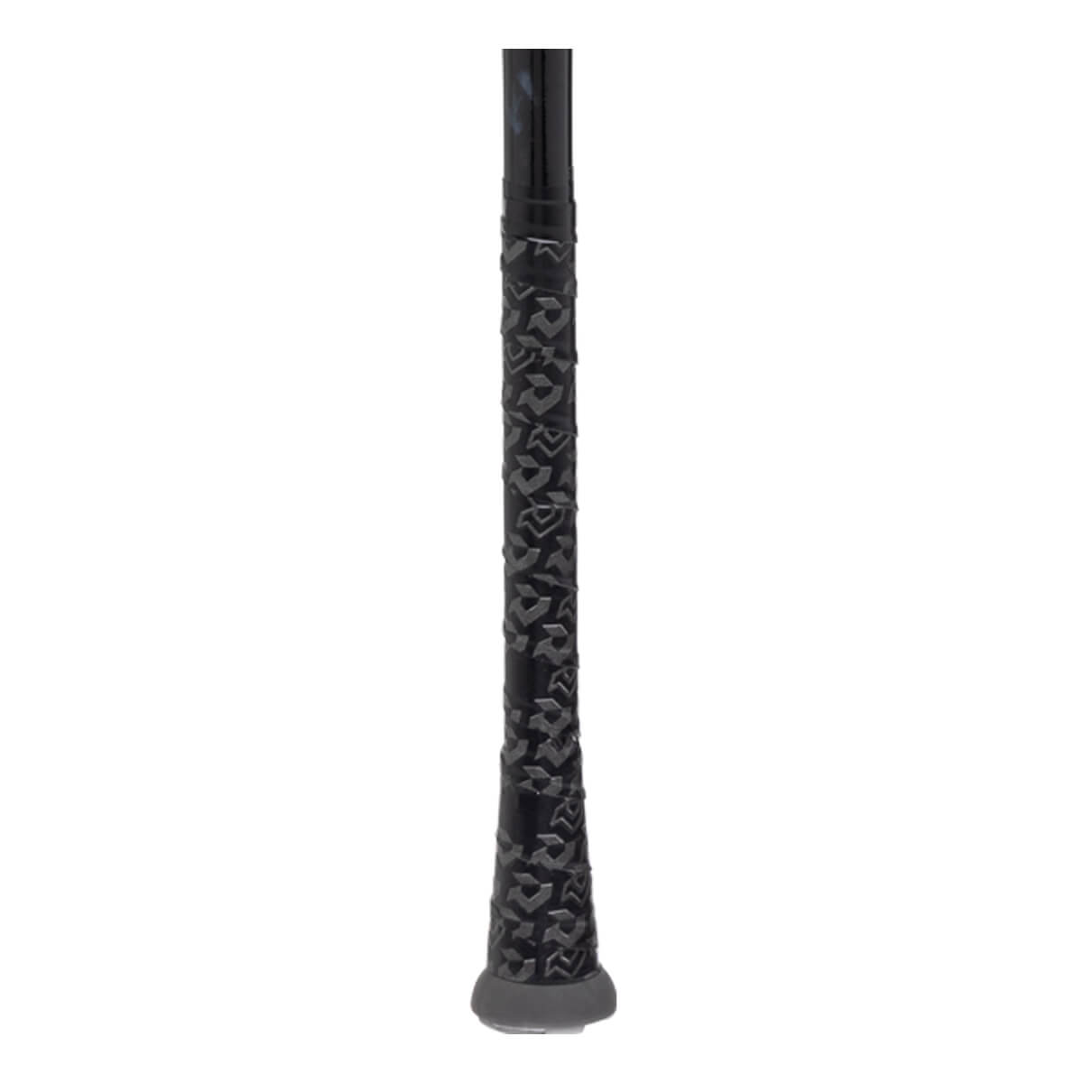 Close-up of a black baseball bat handle with textured grip tape and a gray knob.
