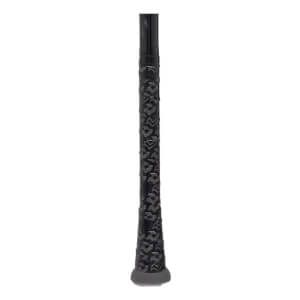 Close-up of a black baseball bat handle with textured grip tape and a gray knob.