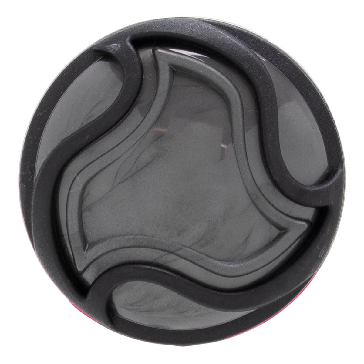 Top-down view of a dark gray bat end cap with a raised black curved design and a slightly translucent center.