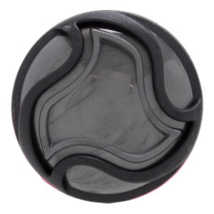 Top-down view of a dark gray bat end cap with a raised black curved design and a slightly translucent center.