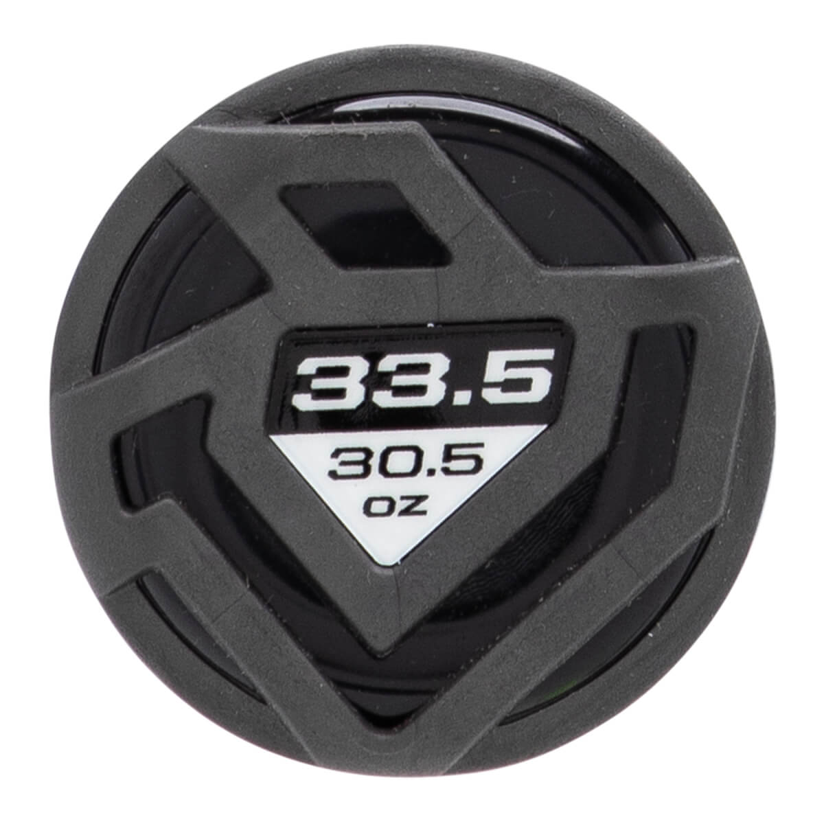End cap view of a dark gray baseball bat with a geometric pattern and white 33.5 30.5 OZ text.