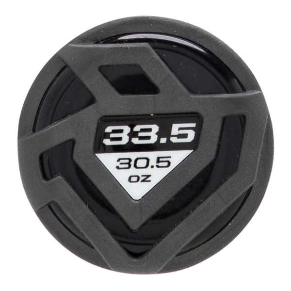 End cap view of a dark gray baseball bat with a geometric pattern and white 33.5 30.5 OZ text.