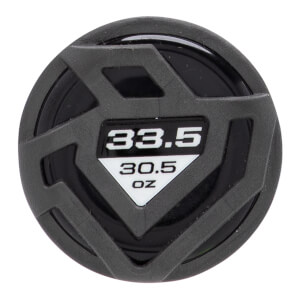 End cap view of a dark gray baseball bat with a geometric pattern and white 33.5 30.5 OZ text.