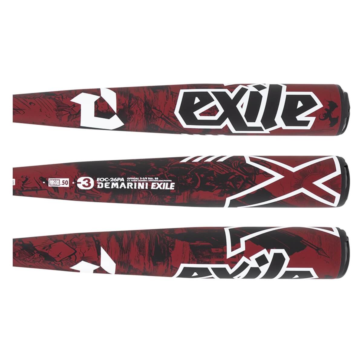 Multiple views of a candy red and black baseball bat with white exile and DEMARINI EXILE text, plus D and X graphics.