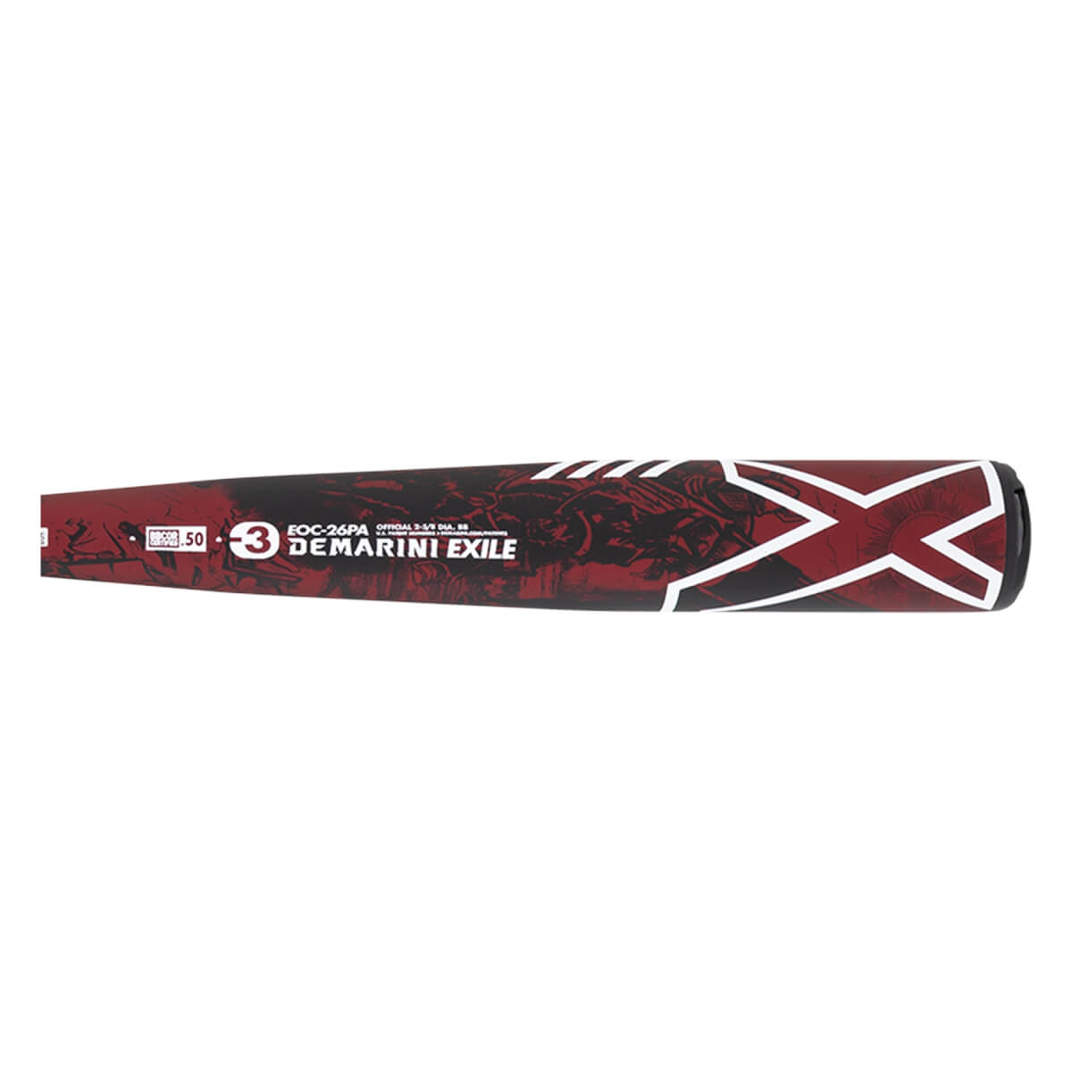 Side view of a candy red baseball bat barrel with DEMARINI EXILE text, BBCOR .50 stamp, and a white X graphic.