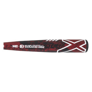 Side view of a candy red baseball bat barrel with DEMARINI EXILE text, BBCOR .50 stamp, and a white X graphic.