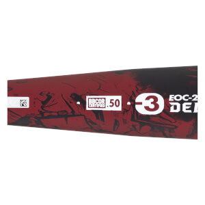 Close-up of a candy red baseball bat barrel with black abstract patterns, BBCOR .50 certification, and DeMarini branding.