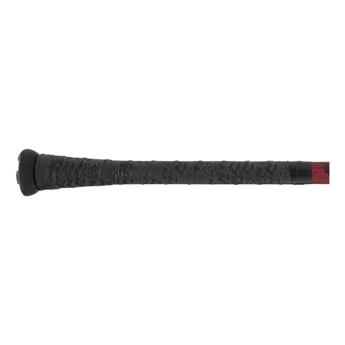 Close-up side view of a black baseball bat grip with a textured pattern, black knob, and red bat taper.