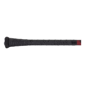 Close-up side view of a black baseball bat grip with a textured pattern, black knob, and red bat taper.
