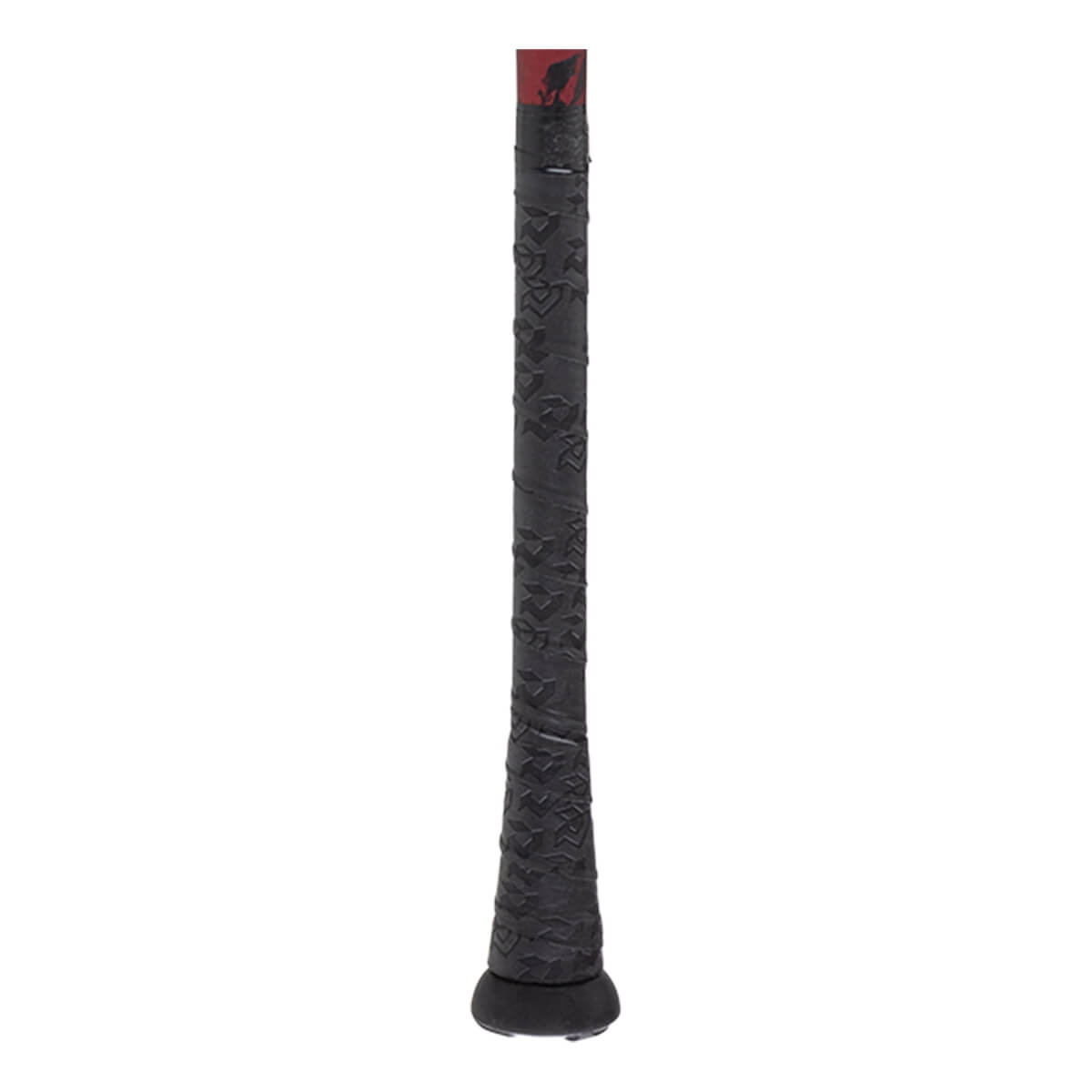 Close-up of a black baseball bat grip with a textured pattern, a red top section featuring a black logo, and a black knob.