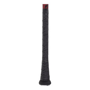 Close-up of a black baseball bat grip with a textured pattern, a red top section featuring a black logo, and a black knob.