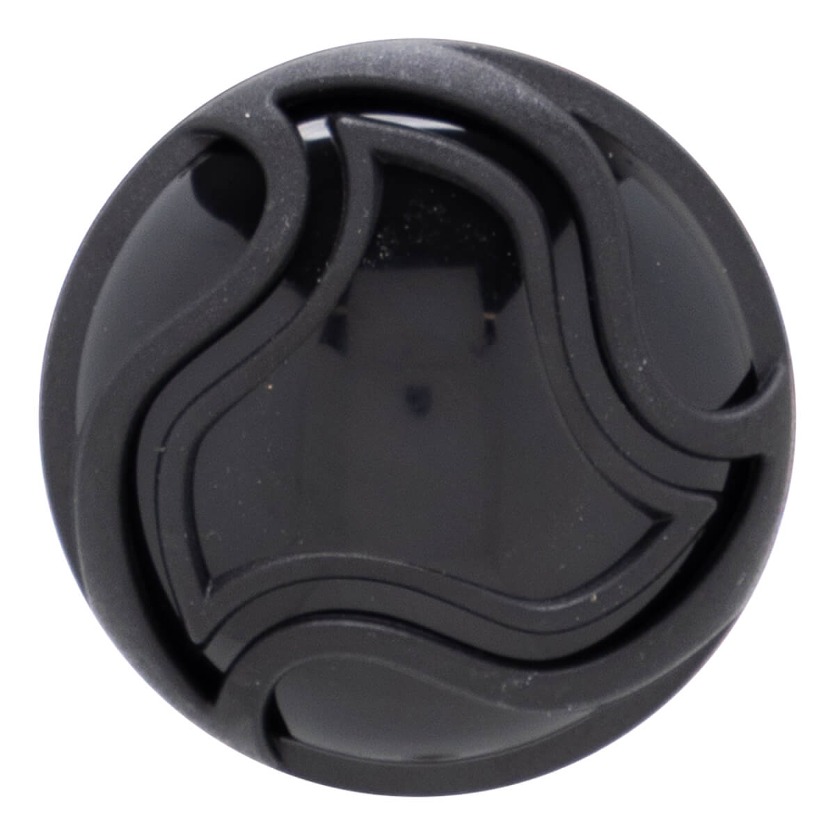 Top-down view of a black baseball bat end cap with a glossy center and raised matte wavy patterns.