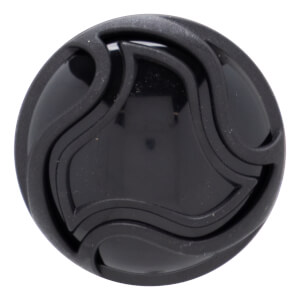 Top-down view of a black baseball bat end cap with a glossy center and raised matte wavy patterns.