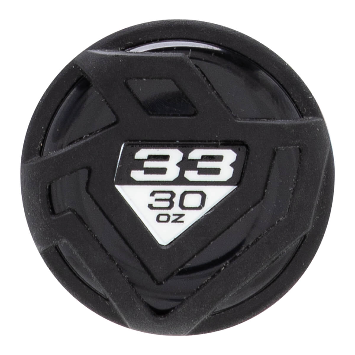 Top-down view of a black baseball bat end cap with a geometric texture and white 33 30 OZ text.