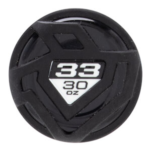 Top-down view of a black baseball bat end cap with a geometric texture and white 33 30 OZ text.