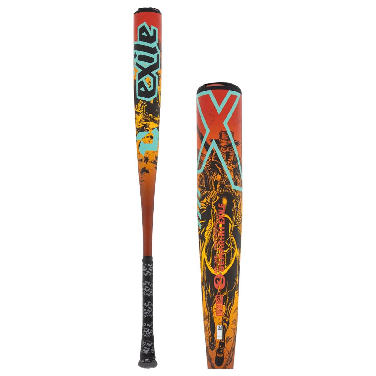 Side view of an orange and black baseball bat with Exile text, large X graphic, and cowboy art.