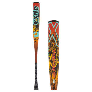 Side view of an orange and black baseball bat with Exile text, large X graphic, and cowboy art.
