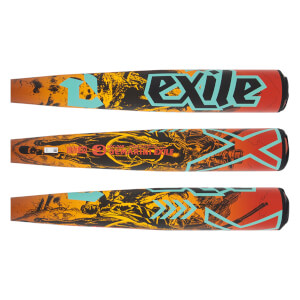 Multiple full views of an orange, black, and teal baseball bat with exile branding, abstract yellow design, and red ends.