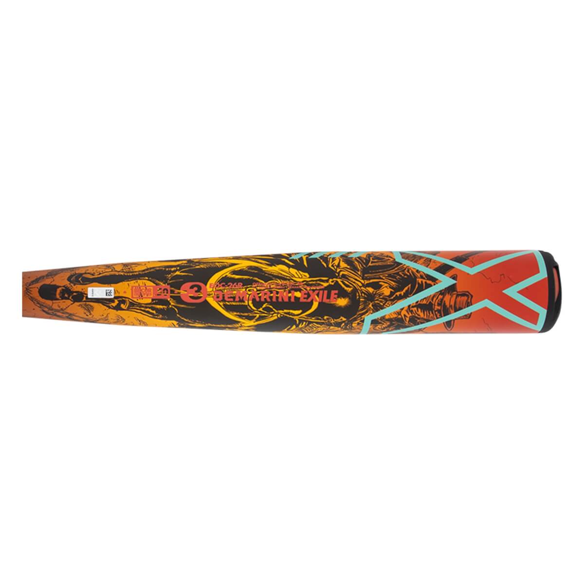 Side view of a black baseball bat with fiery orange and yellow graphics, DEMARINI EXILE text, and a teal X design.