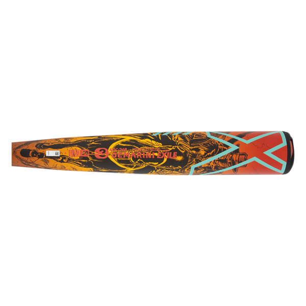 Side view of a black baseball bat with fiery orange and yellow graphics, DEMARINI EXILE text, and a teal X design.