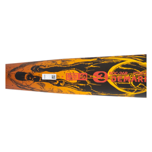 Close-up of a black baseball bat with intricate orange and yellow graphic design, red DeMarini text, and a white barcode.