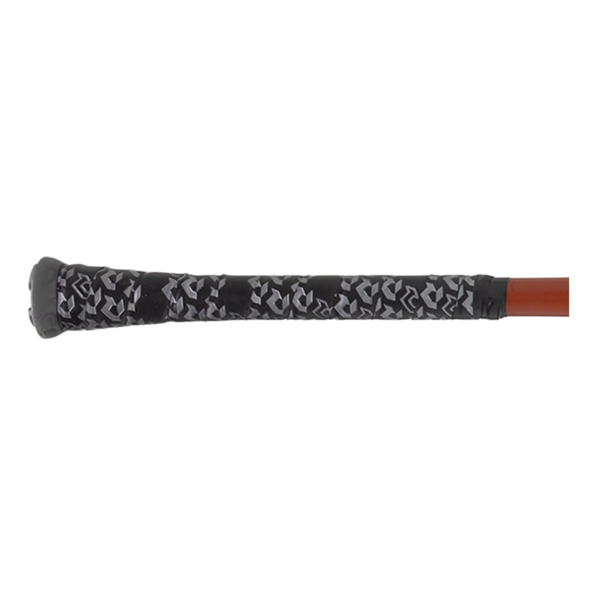 Close-up of the handle of a baseball bat with black and gray patterned grip tape, a gray knob, and an orange barrel.