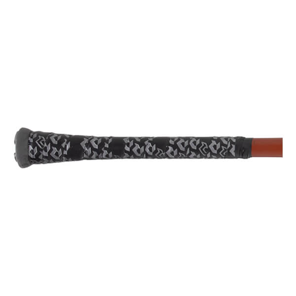 Close-up of the handle of a baseball bat with black and gray patterned grip tape, a gray knob, and an orange barrel.