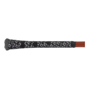 Close-up of the handle of a baseball bat with black and gray patterned grip tape, a gray knob, and an orange barrel.