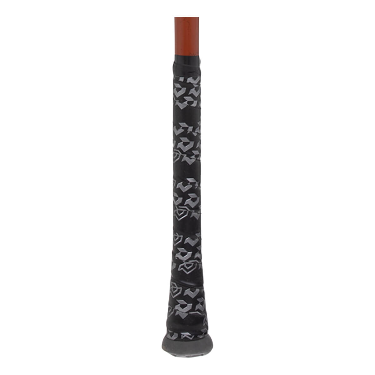 Close-up of a baseball bats black grip with gray geometric patterns, a dark gray knob, and reddish-brown barrel section.