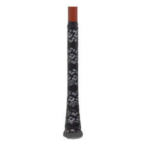 Close-up of a baseball bats black grip with gray geometric patterns, a dark gray knob, and reddish-brown barrel section.