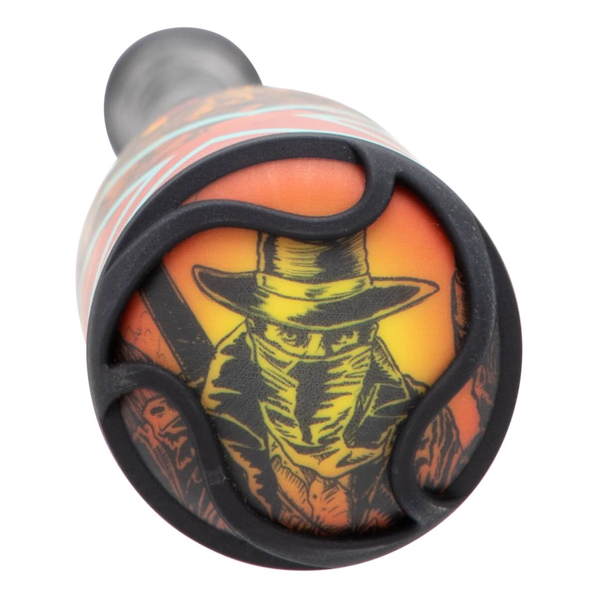 Angled close-up of the orange and black end cap of a baseball bat, with a graphic of a masked figure in a hat and a textured black frame.