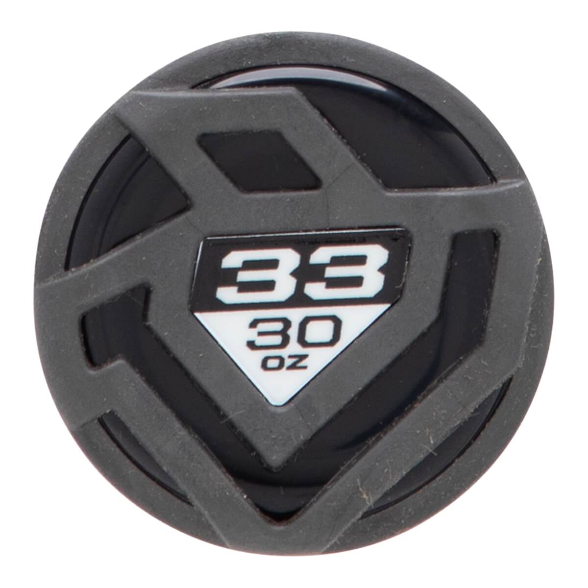 Top-down view of a black and gray baseball bat end cap with 33 30 OZ printed and a textured geometric pattern.