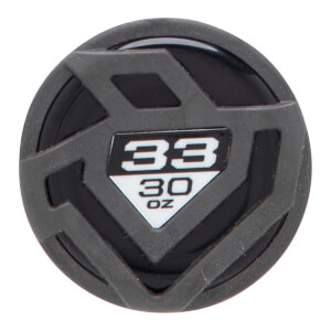 Top-down view of a black and gray baseball bat end cap with 33 30 OZ printed and a textured geometric pattern.