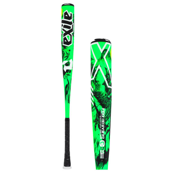 Full view and close-up of a neon green baseball bat with white EXILE text and black bird graphics.