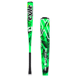 Full view and close-up of a neon green baseball bat with white EXILE text and black bird graphics.
