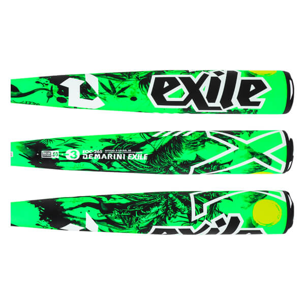Barrel sections of a bright green baseball bat with intricate black and white graphics and DeMarini Exile branding.
