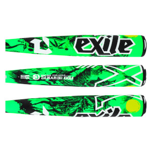 Barrel sections of a bright green baseball bat with intricate black and white graphics and DeMarini Exile branding.