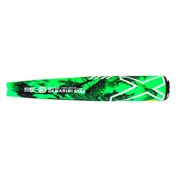 Side view of a neon green and black baseball bat with DEMARINI EXILE text and a detailed samurai graphic.