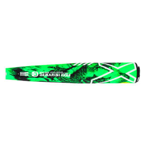 Side view of a neon green and black baseball bat with DEMARINI EXILE text and a detailed samurai graphic.