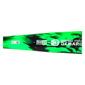 Close-up of a neon green baseball bat with black leafy design, BBCOR certified logo, and visible DeMarini branding.