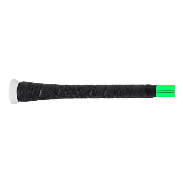 Side view of a black textured baseball bat grip with a white knob and neon green end.