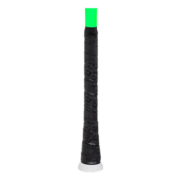 Close-up of a black and neon green baseball bat grip with a textured pattern and white knob.