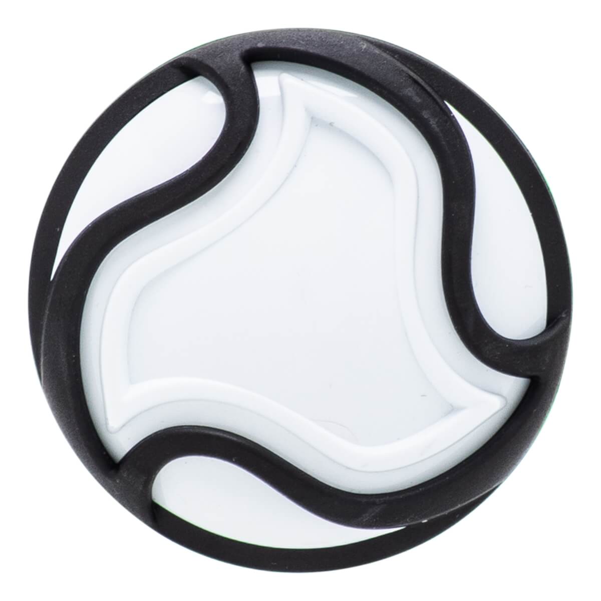 Close-up of a black and white baseball bat end cap with a circular design featuring raised black and white abstract shapes.