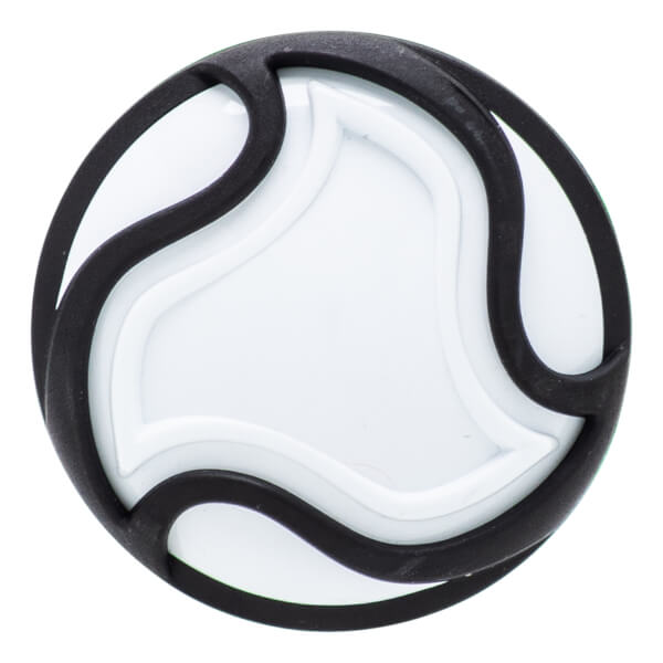 Close-up of a black and white baseball bat end cap with a circular design featuring raised black and white abstract shapes.