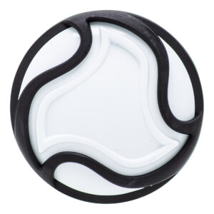 Close-up of a black and white baseball bat end cap with a circular design featuring raised black and white abstract shapes.