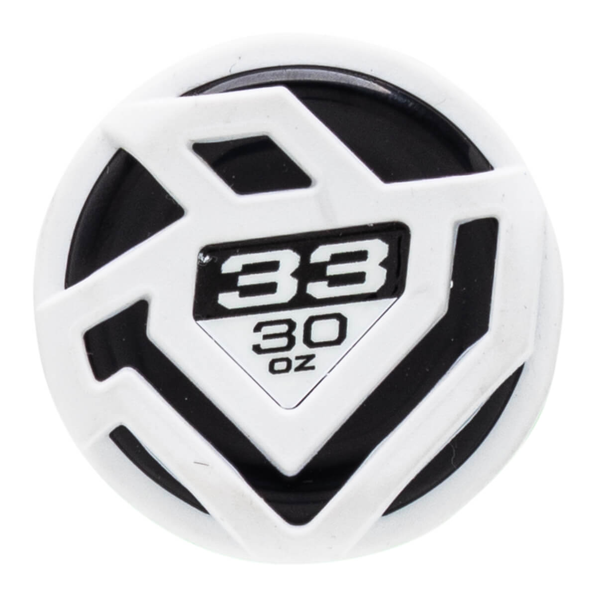 Top-down close-up of a black and white baseball bat end cap with a geometric design and 33 30 OZ text.
