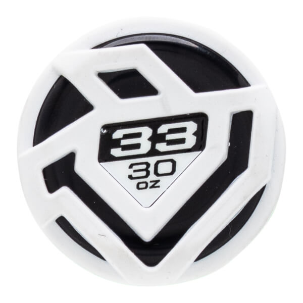 Top-down close-up of a black and white baseball bat end cap with a geometric design and 33 30 OZ text.